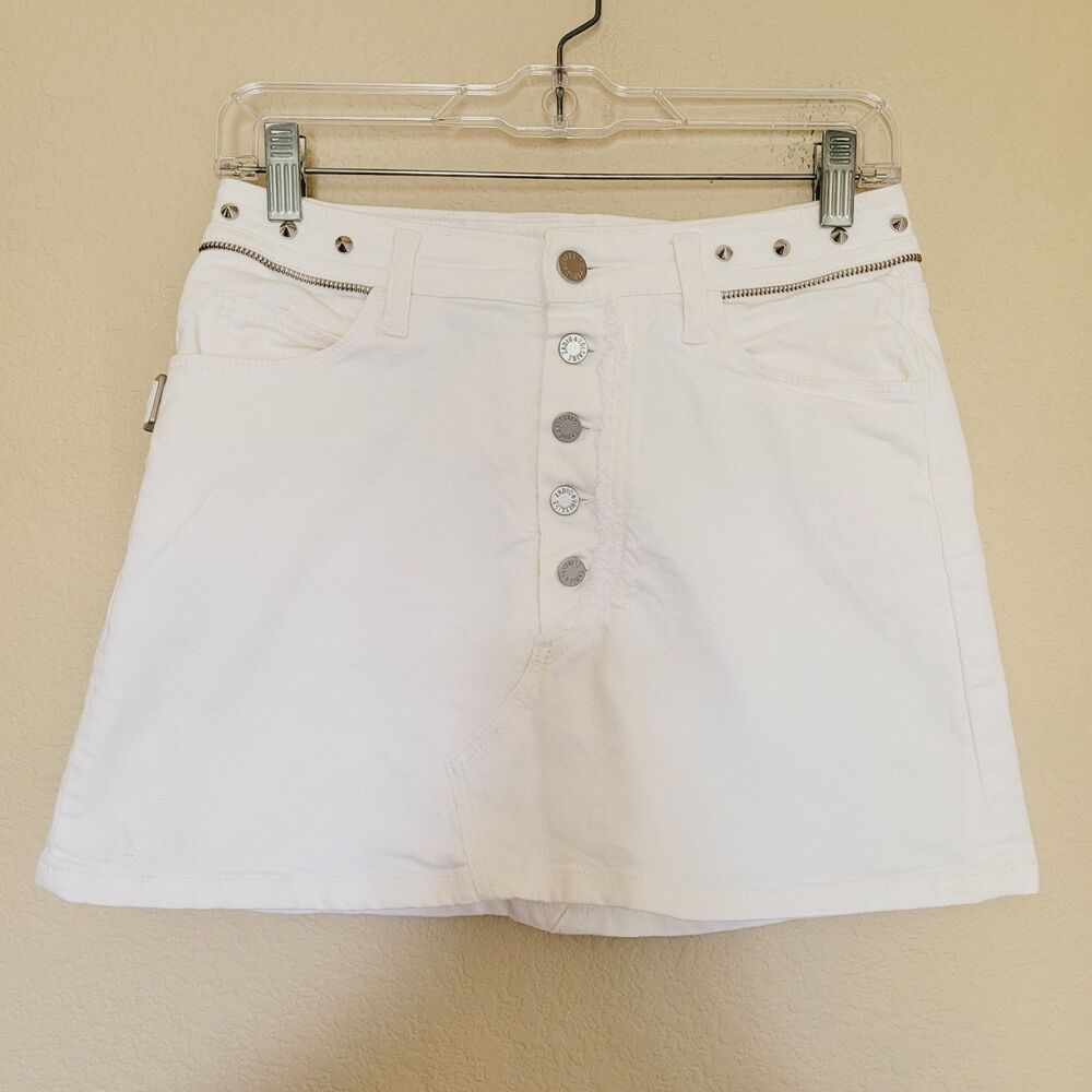 Zadig & Voltaire Joy Spikes Denim White Cotton Mini Skirt Size 36 Button Fly Euc